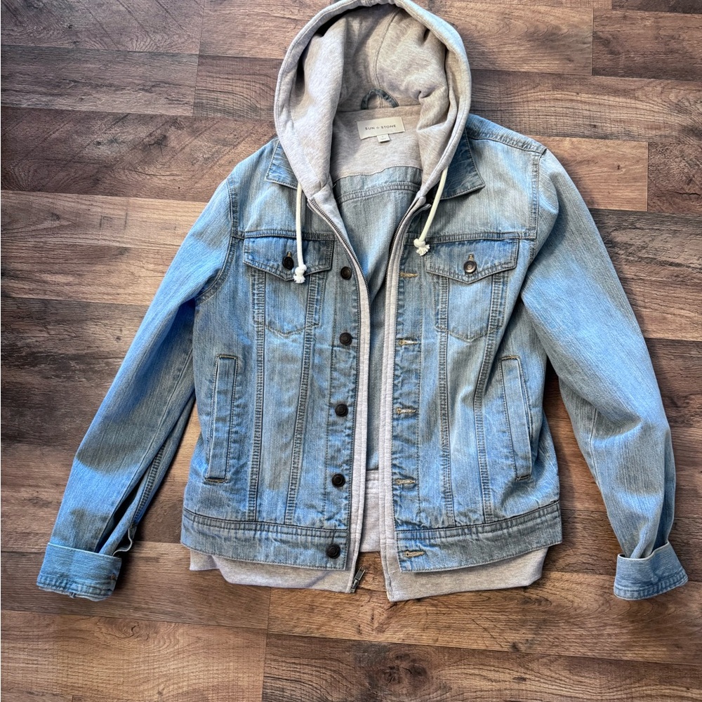 Light Blue Denim Jacket with Grey Hooded Liner - Men